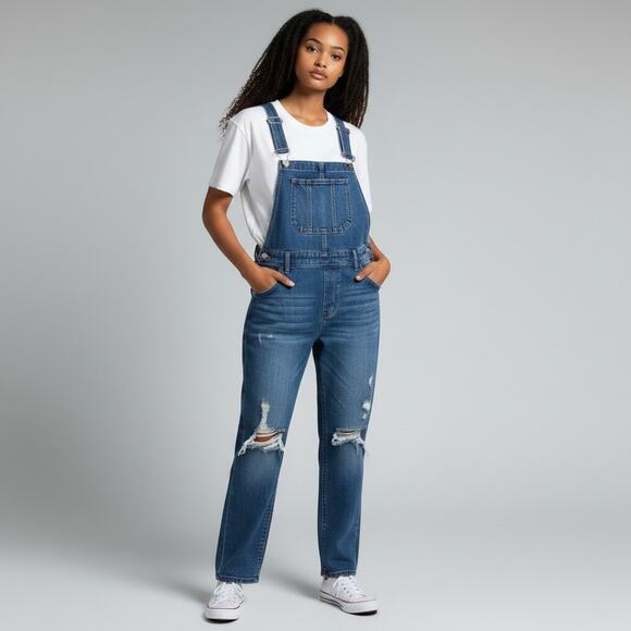 Risen Pants - Risen Jeans Denim Overalls Small Distressed Knee Cotton Bib Jumpsuit 100% Cotton